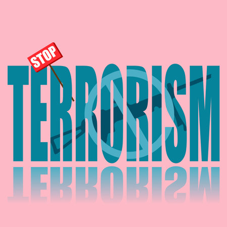Stop terrorism poster. Vector poster on a social theme. Word terrorism on pink background with reflection.のイラスト素材