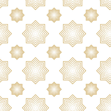 Abstract geometric pattern with crosses, stripes, lines. Seamless vector background. White and gold ornament. Modern reticulated graphic design.のイラスト素材