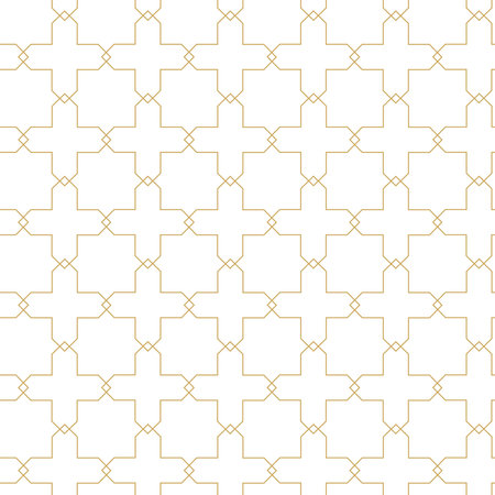 Abstract geometric pattern with crosses, stripes, lines. Seamless vector background. White and gold ornament. Modern reticulated graphic design.のイラスト素材