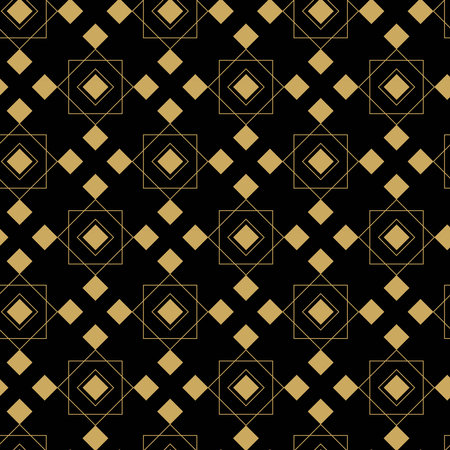 Abstract geometric pattern with squares, stripes, lines. Seamless vector background. Black and gold ornament. Modern graphic design.のイラスト素材
