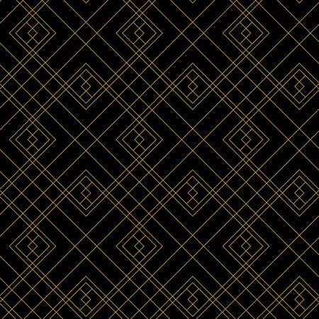 Abstract geometric pattern with crosses, stripes, lines. Seamless vector background. Black and gold ornament. Modern reticulated graphic design.のイラスト素材
