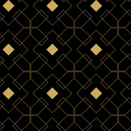 Abstract geometric pattern with crosses, stripes, lines. Seamless vector background. Black and gold ornament. Modern reticulated graphic design.のイラスト素材
