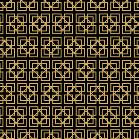 Abstract geometric pattern with crosses, stripes, lines. Seamless vector background. Black and gold ornament. Modern reticulated graphic design.のイラスト素材