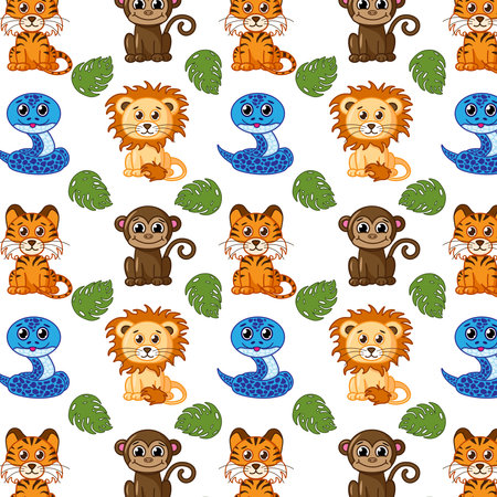 Cute seamless children colorful pattern with animals. Cartoon cute animals including lion, tiger, monkey, snake.のイラスト素材