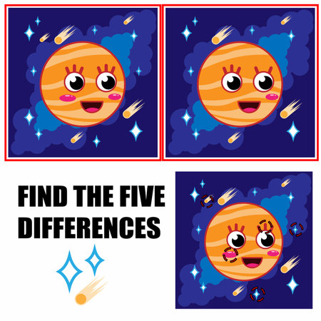 Find differences, education game for children. Cute orange planet in space. Pretty character.のイラスト素材