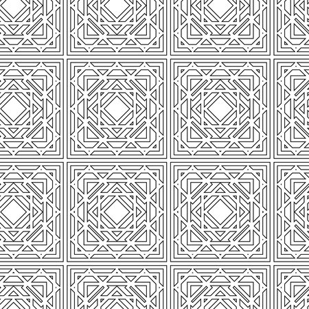 Abstract geometric pattern with crosses, stripes, lines. Seamless vector background. White and black ornament. Modern reticulated graphic design.のイラスト素材