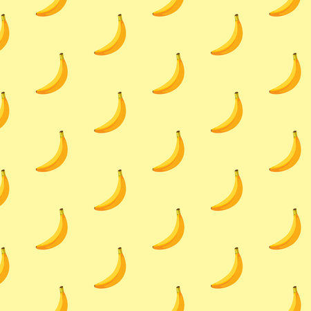 Banana flat seamless pattern on yellow background. Wrapping paper, gift card, poster, banner design. Home decor, modern textile print. Summer bright geometric fruits patterned.のイラスト素材