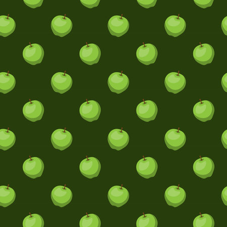 Apple flat seamless pattern on green background. Wrapping paper, gift card, poster, banner design. Home decor, modern textile print. Summer bright geometric fruits patterned.のイラスト素材