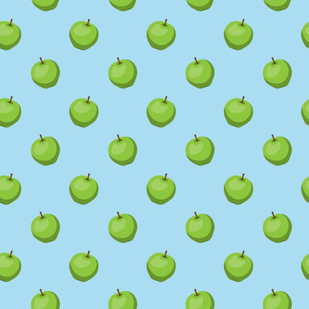 Apple flat seamless pattern on blue background. Wrapping paper, gift card, poster, banner design. Home decor, modern textile print. Summer bright geometric fruits patterned.のイラスト素材