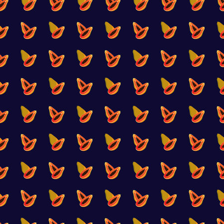 Papaya flat seamless pattern on blue background. Wrapping paper, gift card, poster, banner design. Home decor, modern textile print. Summer bright geometric fruits patterned.のイラスト素材
