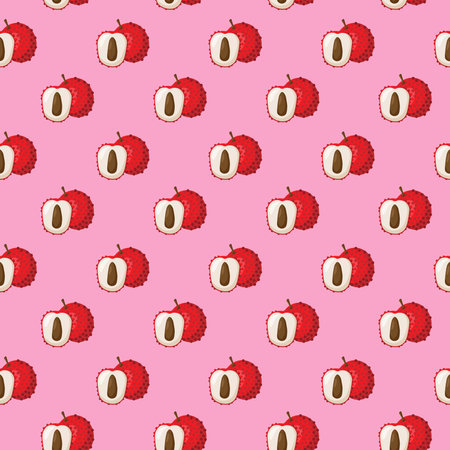 Lychee fruit flat seamless pattern on pink background. Wrapping paper, gift card, poster, banner design. Home decor, modern textile print. Summer bright geometric fruits patterned.のイラスト素材