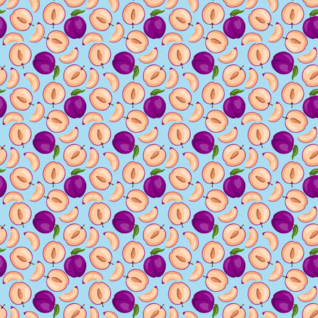 Plum fruit flat seamless pattern on blue background. Wrapping paper, gift card, poster, banner...
