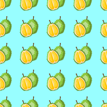 Durian fruit flat seamless pattern on blue background. Wrapping paper, gift card, poster, banner design. Home decor, modern textile print. Summer bright geometric fruits patterned.のイラスト素材