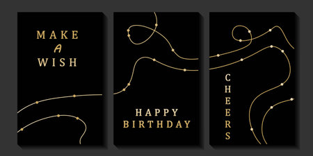 Set of luxury birthday cards on a black background. Modern gold and black design. Golden elegant geometric pattern, gold line on dark background. Premium design illustration for birthday party.のイラスト素材