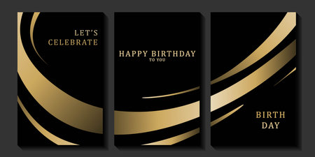 Set of luxury birthday cards on a black background. Modern gold and black design. Golden elegant geometric pattern, gold line on dark background. Premium design illustration for birthday party.のイラスト素材