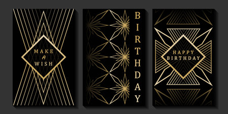 Set of luxury birthday cards on a black background. Modern gold and black design. Golden elegant geometric pattern, gold line on dark background. Premium design illustration for birthday party.のイラスト素材