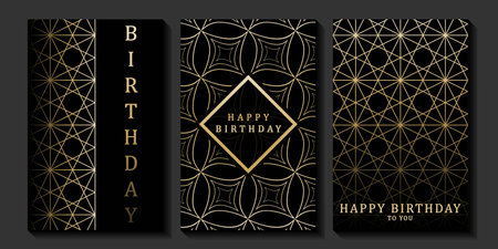 Set of luxury birthday cards on a black background. Modern gold and black design. Golden elegant geometric pattern, gold line on dark background. Premium design illustration for birthday party.のイラスト素材