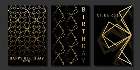 Set of luxury birthday cards on a black background. Modern gold and black design. Golden elegant geometric pattern, gold line on dark background. Premium design illustration for birthday party.のイラスト素材