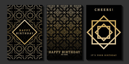 Set of birthday cards on a black background. Modern gold and black design. Golden elegant geometric pattern, gold line on dark background. Design illustration for birthday party.のイラスト素材