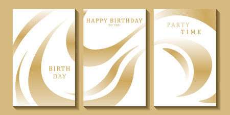 Set of luxury birthday cards on a white background. Modern gold and white design. Golden elegant geometric pattern, gold line on light background. Premium design illustration for birthday party.のイラスト素材