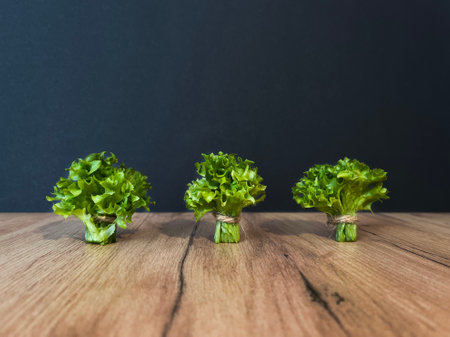 Leaf lettuce or better known as selada keriting is a type of lettuce whose leaf tips are wavy and light green in color. On a wooden board and black backgroundの写真素材