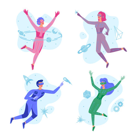 People wearing virtual reality glasses and suits experience augmented reality simulation. Technology digital cyber world Metaverse. AR gaming, entertainment, education, business. Futuristic lifestyleのイラスト素材