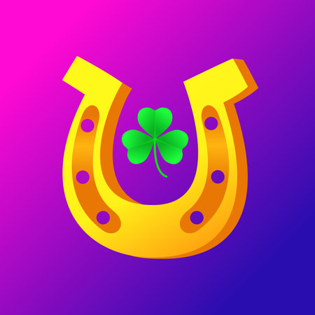 Golden horseshoe with green three-leaf clover. Sign of good luck, wealth or success. St Patrick's day symbol, leprechaun leaf, celebration of the Irish holiday. clip art. vector illustrationのイラスト素材