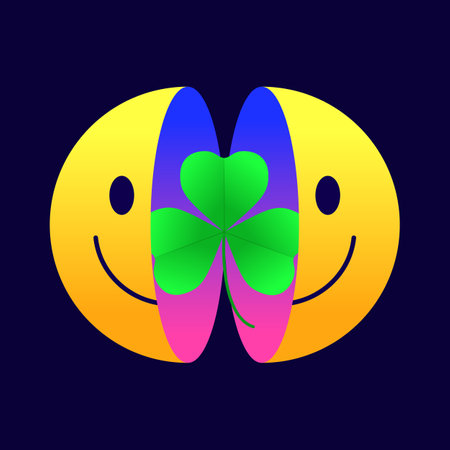 Smiling emoticon with shamrock inside. Emoji, or icon for Saint Patrick's Day isolated on dark background. Celebration irish holiday. Trendy y2k retro hippie print. vector illustrationのイラスト素材