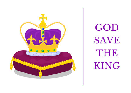 Banner with text of God Save The King. Golden crown on purple cushion. Postcard marking the accession to the throne, coronation and reign of King Charles III. Proclamation of the new British monarchのイラスト素材