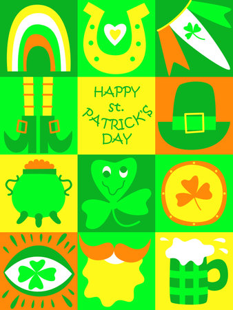 St Patrick's Day greeting card. Bright trippy style. Fun Irish holiday celebration. Great for poster, invitation, print, t-shirts, background, festive. Trendy y2k retro hippie print. flat vectorのイラスト素材