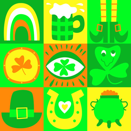 Bright seamless doodle pattern for St. Patrick's Day. trippy style. Celebration of Irish holiday in national colors. Background for wrapping, textile, apparel. Trendy y2k retro hippie print. vectorのイラスト素材
