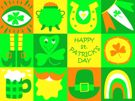 St Patrick's Day doodle poster. trippy style. Fun Irish holiday celebration. Great for greeting card, invitation, print, t-shirts, background, festive decor. Trendy y2k retro hippie print. flat vectorのイラスト素材
