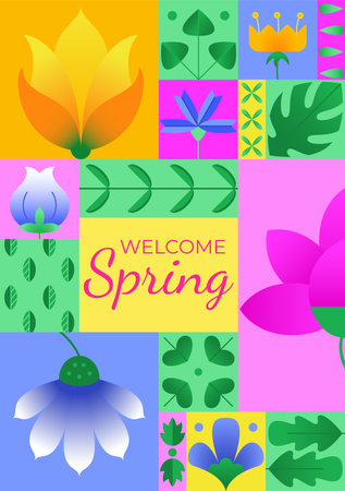 Welcome spring poster simple geometric abstract design. Composition with colorful gradient flower elements and leaves for spring season. Layout for web, banner, invitation, flyer, presentation. vectorのイラスト素材