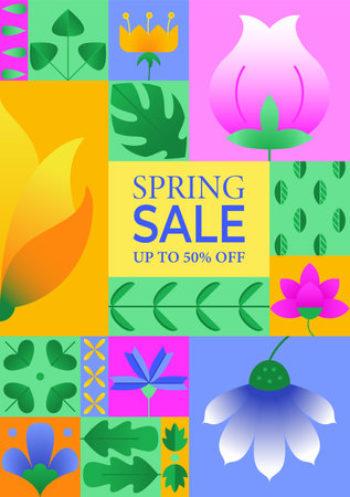 Spring sale poster simple geometric abstract design. Composition with colorful flower elements and leaves for spring season. Template for website, banner, invitation, flyer, presentation. vectorのイラスト素材