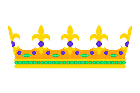 Shiny gold crown encrusted with emeralds and diamonds. Concept of an award ceremony or coronation. Template for logo design, icon, postcard, badge, sticker, print. Vector illustration in flat styleのイラスト素材