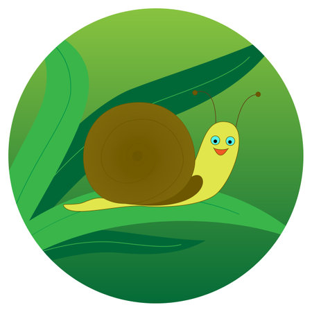 Cute snail on a leaf of grass on a green background. vector illustrationのイラスト素材