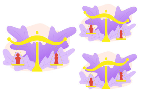Gender equality and inequality concept. Gender symbols balance on the scales. Symbols of men and women at the same and at different heights. Sign of equal and unequal pay, wages, justice, emancipationのイラスト素材