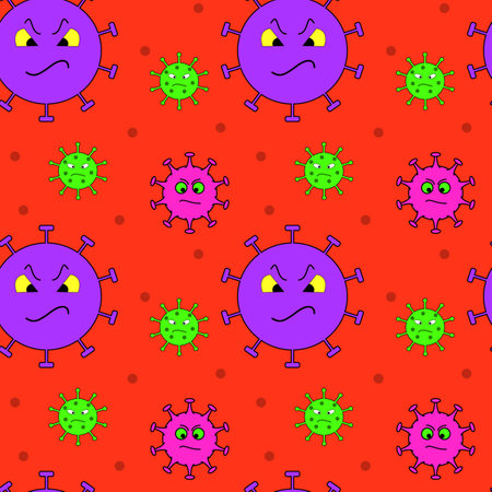 Seamless pattern of angry microbes. Funny cartoon character of pathogen, virus or bacteria. Flu and lung disease spreading of the world. The concept of healthcare and medicine. vector illustrationのイラスト素材