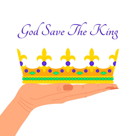 Poster with hands holding a golden crown and inscription God Save the King. Design for the accession and coronation of King Charles III. Template for signboard, banner, card, flyer, print. vectorのイラスト素材