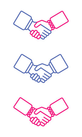 Female and male, male and male, female and female shake hands. Business partners shake hands, make partnership deal agreement, thank for good teamwork, expressing respect gender equality concept.のイラスト素材