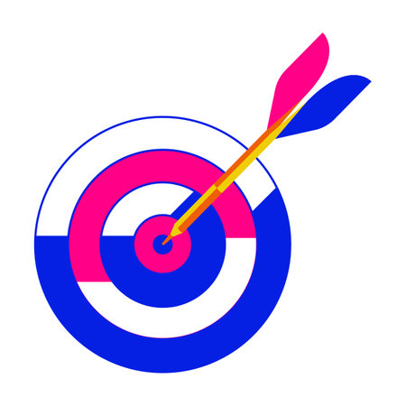 Bring dart hit to center of dartboard. Funky blue-pink target with arrow. Goal achieve concept, business success, achievement focus. Flat style of y2k, 90s graphic design. vector illustrationのイラスト素材