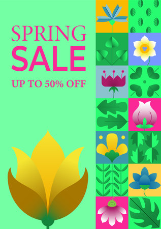 Spring sale poster simple geometric shapes abstract design. Composition with colorful flower and leaves for spring season. For use for presentation, advertisement, banner, invitation, flyer, leafletのイラスト素材