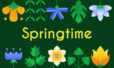 Spring time greeting card. Simple geometric shapes design. Composition with colorful flower and leaves for spring season. Template for banner, poster, advertisement, landing page, website. vectorのイラスト素材