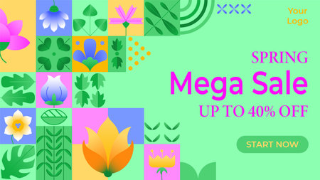 Spring mega sale landing page. Geometric simple shapes abstract design. Composition with colorful flower, leaves and text for spring season. Template for poster, advertisement, header, banner, websiteのイラスト素材