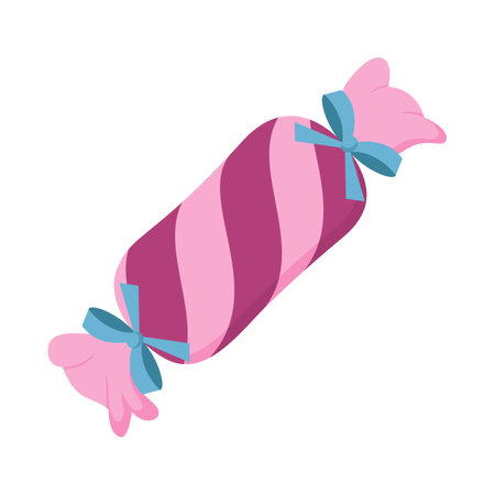 Bright striped candy in wrapper with bows. Flat design present for New Year, Christmas, birthday, holidays, anniversary, event. Template for poster, icon, logo, web, flyer, coupon, promo. clip-artのイラスト素材