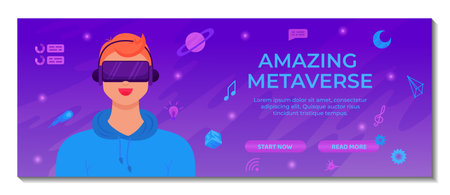 Metaverse digital technology banner template. Man use VR headset surrounded with cyber metaverse simulation. Innovation network experience, AR gaming. Suitable for landing page, website design, promoのイラスト素材