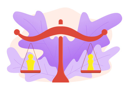 Gender symbols balancing on scales. gender equality concept. Man and woman symbols on the same height. Symbol of equal pay, salary, fairness, justice and emancipation. vector illustration.のイラスト素材