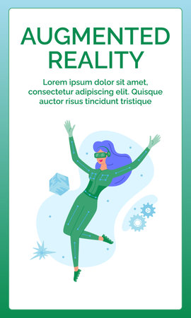 Metaverse digital cyber technology concept. Woman in VR headset glasses and VR suit. Augmented reality world simulation. Great for poster, cover, flyer, invitation, advertising, promo, print, storiesのイラスト素材