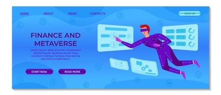 Finance and technology in Metaverse landing page template. Businessman in VR suit manages financial market trends, cryptocurrency on virtual screen. Suitable for ui, mobile app, website design, bannerのイラスト素材