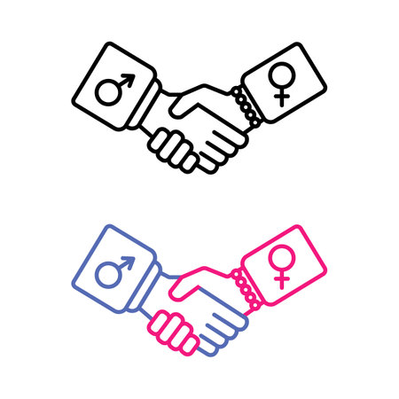 Woman and man shake hands, make a partnership agreement, and thank each other for good teamwork, expressing respect for the concept of gender equality. business partners. vector line iconのイラスト素材